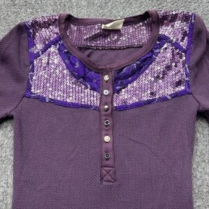 Free People Shirt Sequin Plum Purple Long Sleeve Top Small Waffle Boho Womens